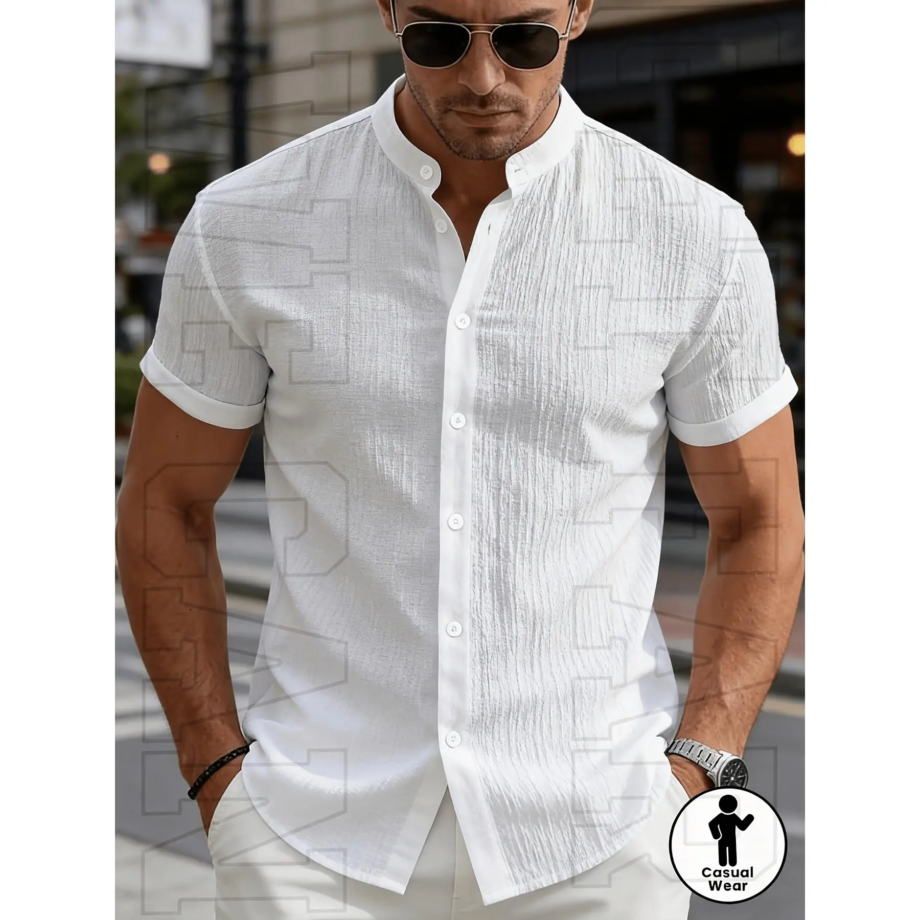 Men's Summer Short Sleeve Shirt| Lightweight and breathable solid-color button-up shirt, with a stand-up collar design, suitable for beach vacations, pool parties, and casual wear