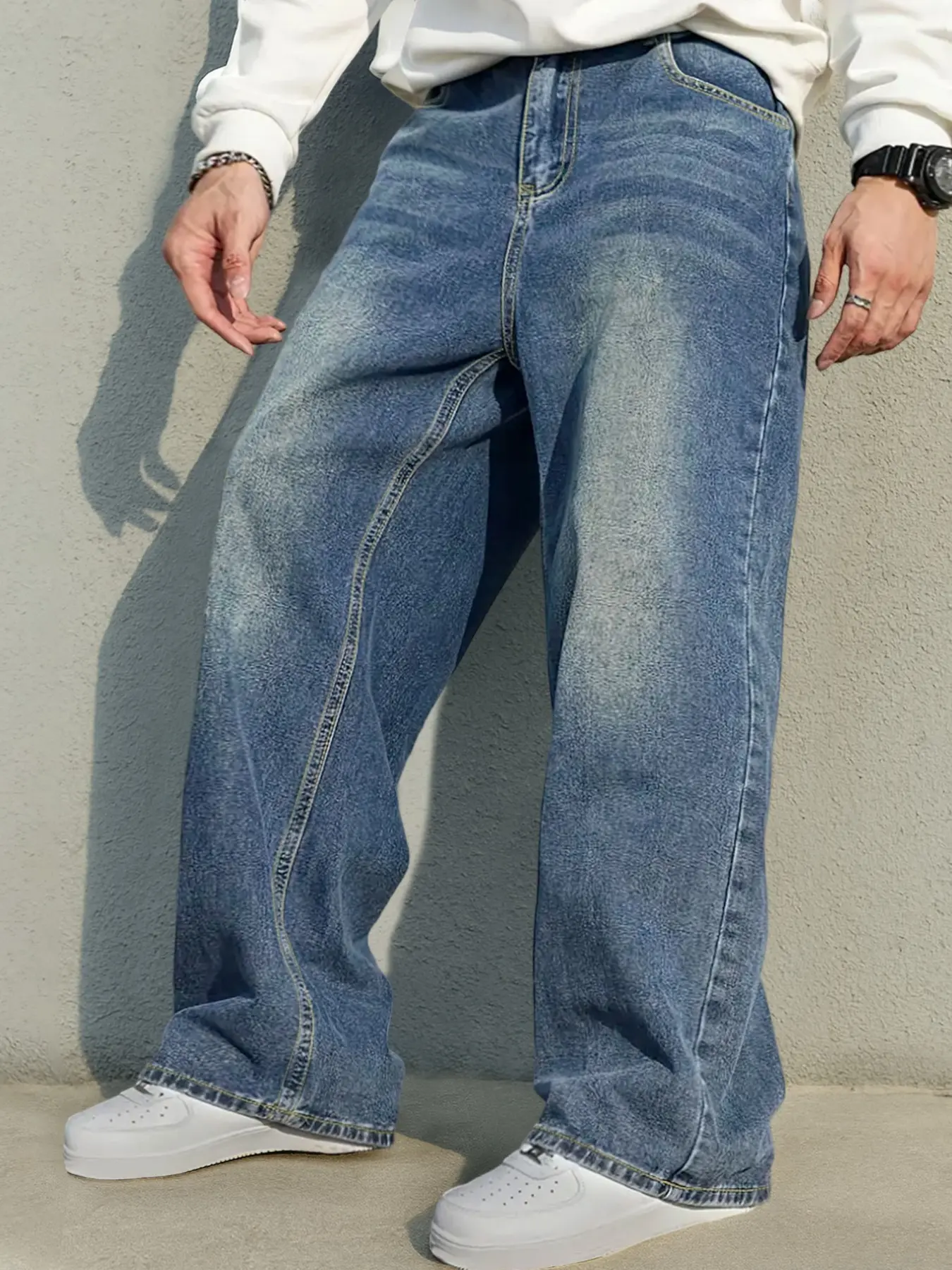 Men's Plus Size Washed Wide Leg Denim Jeans, Loose Fit Streetwear Denim Jeans, Ideal for Daily Wear, All Seasons Comfortable Style