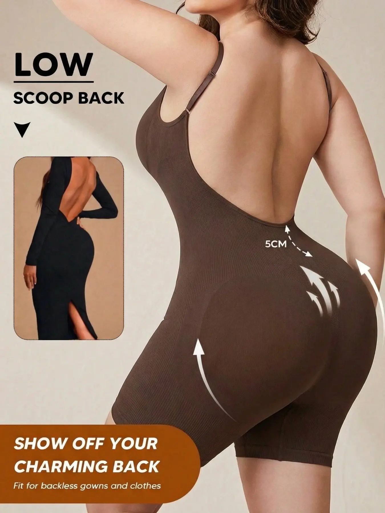 Women's Backless Seamless Shapewear Body Shaper, Faja Shaper Bodysuit, Low Scoop Back Compression Bodysuit Shorts, Tummy Smoothing and Butt Enhancing Design, Invisible Under Dresses, Evening Gowns and Formal Wear