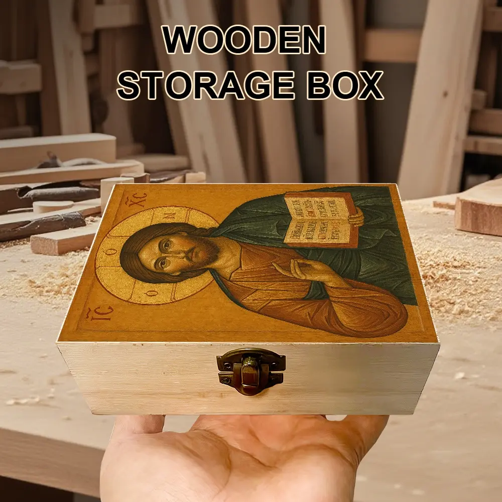 1Pc Hand - Crafted Wooden Storage Box, Prayer Box with Religious Icon Illustration, Gift Storage Box, Keepsake Box, Trinket Organizer for Home Decor, Office Organization, Spiritual Souvenir Storage, Rustic & Religious Home Decor