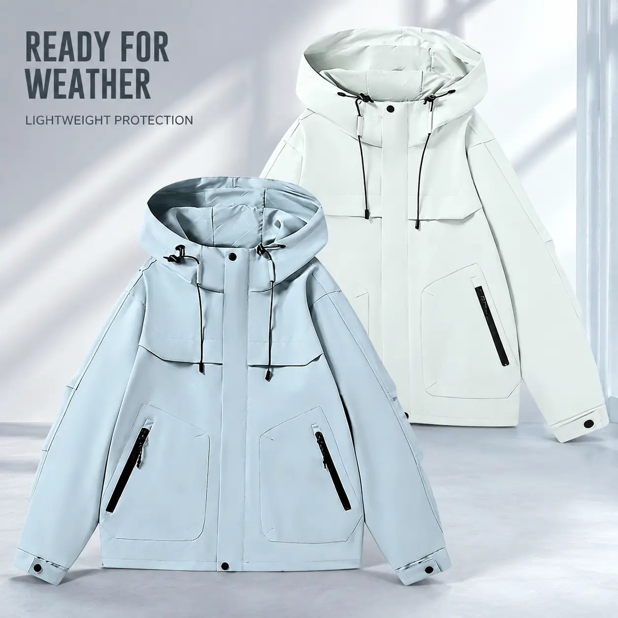 Waterproof Hooded Outdoor Jacket For Men Women, Windproof Zip Pocket Coat Adjustable Drawstring For Hiking Camping Daily Trip
