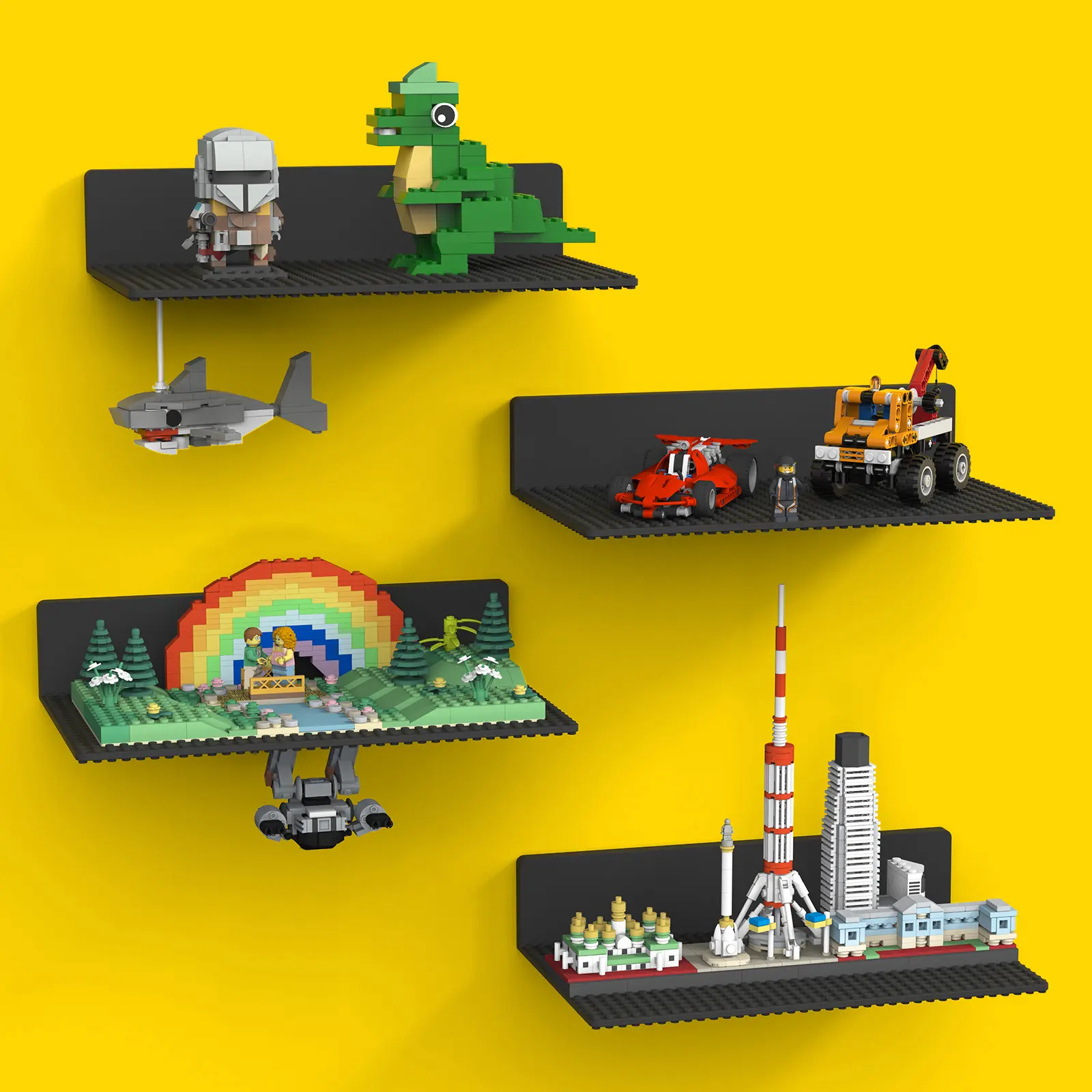 BlissBox Dual-Sided 4-Pack Large Display Shelves for Wall Compatible with Lego Building Bricks, 11.3x6.3inch  36x20 Studs for Minifigures Brick Display and Storage, for Medium & Large Brick Builds,Black