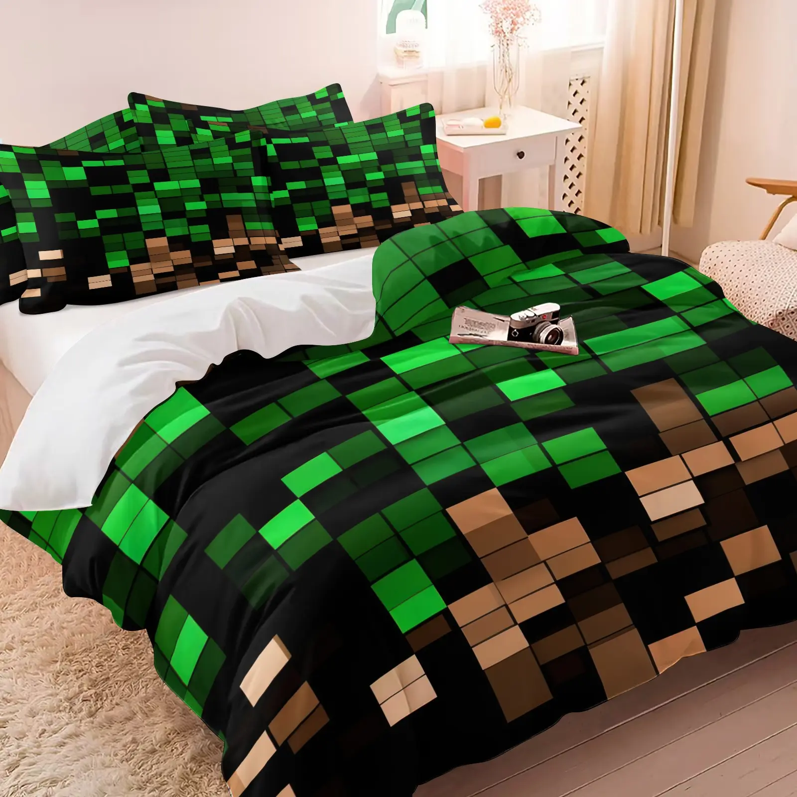 Classic MC Game Pixel Grass Block Duvet Cover Set (1 Duvet Cover + 1-2 Pillowcases), Wrinkle Resistant Soft Fabric, Gamer Themed Bedding, Perfect Gift For Minecraft Fans, Teen Dorm Bedroom Decoration, Bed Sets Supplies