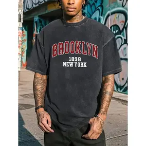 Men Vintage Brooklyn 1898 New York Graphic Tee Heavyweight Washed Cotton Loose Fit Round Neck Short Sleeve Breathable Comfortable Casual Streetwear Everyday Top