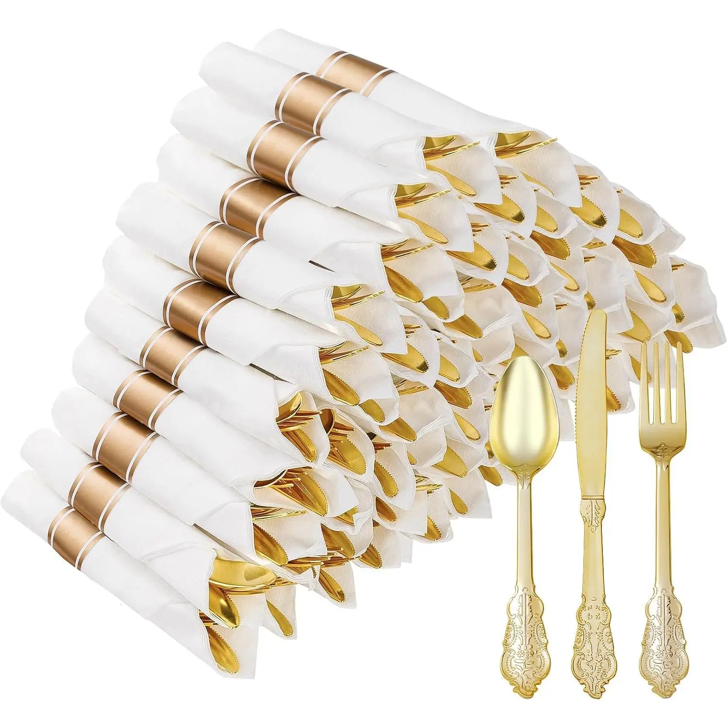 50 Pack  Plastic Silverware with Pre-Rolled Napkins | Heavyweight Disposable Utensils Set, Includes 150 Plastic Cutlery and 50 Napkins for Party & Wedding