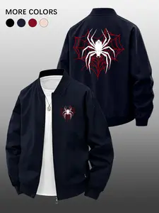 Men's Spring Summer Casual Letter Print Jacket, Stylish Spider Print, Zip Pocket Design, Loose-Fit, Unlined, Perfect for Daily Wear