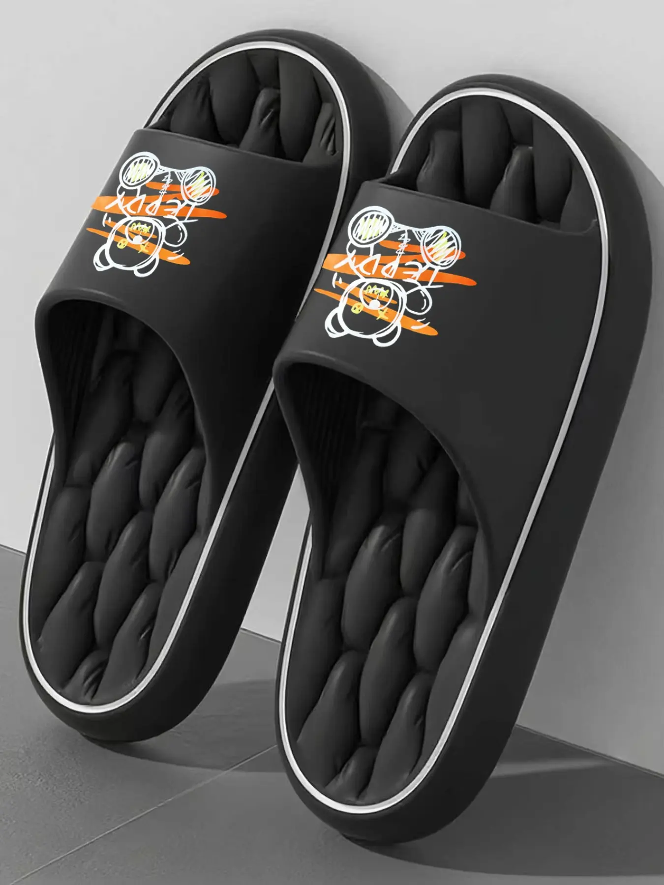 Graffiti Teddy Bear Print Cloud Slides, Unisex Eva Thick Sole, Non-Slip Indoor Outdoor Casual Slippers, Runs Small, Size Up One Size