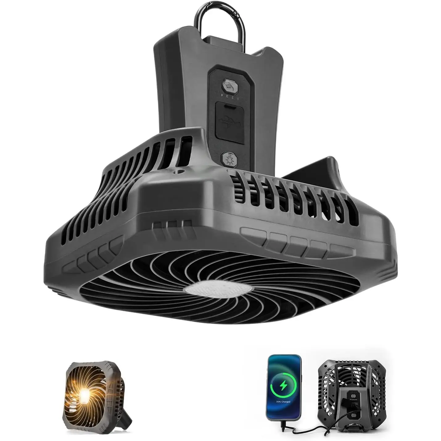 Compact Portable Camping Fan with LED Lights & Hook Mount, 40H Rechargeable Quiet Tent Fan for RV/Beach Outdoors, 4-Speed Wind, 3-Color Lantern, Black