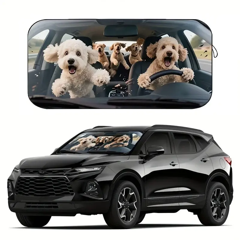 Cute Dog Car Sunshade, Summer Aluminum Film Windshield Sunshade, Car Sun Protection Cover, Adjustable Fit, Durable Material, Windscreen Shade Cover, Car Sunshades for Windshield