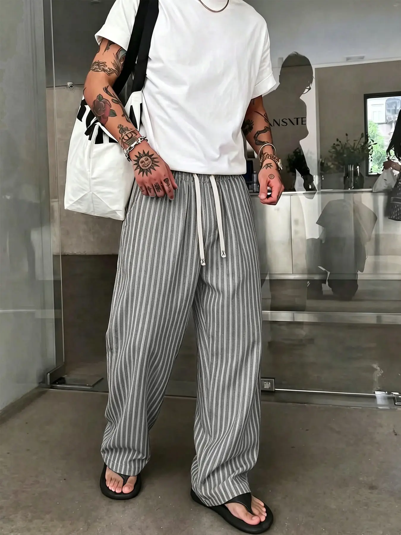 Men's Vertical Striped Summer Loose Baggy Straight-Leg Trousers, Pants, Minimalist Casual Style, Draping Relaxed Fit, Comfort Drawstring Waist, Suitable For Beach, Street And Commute Outfits