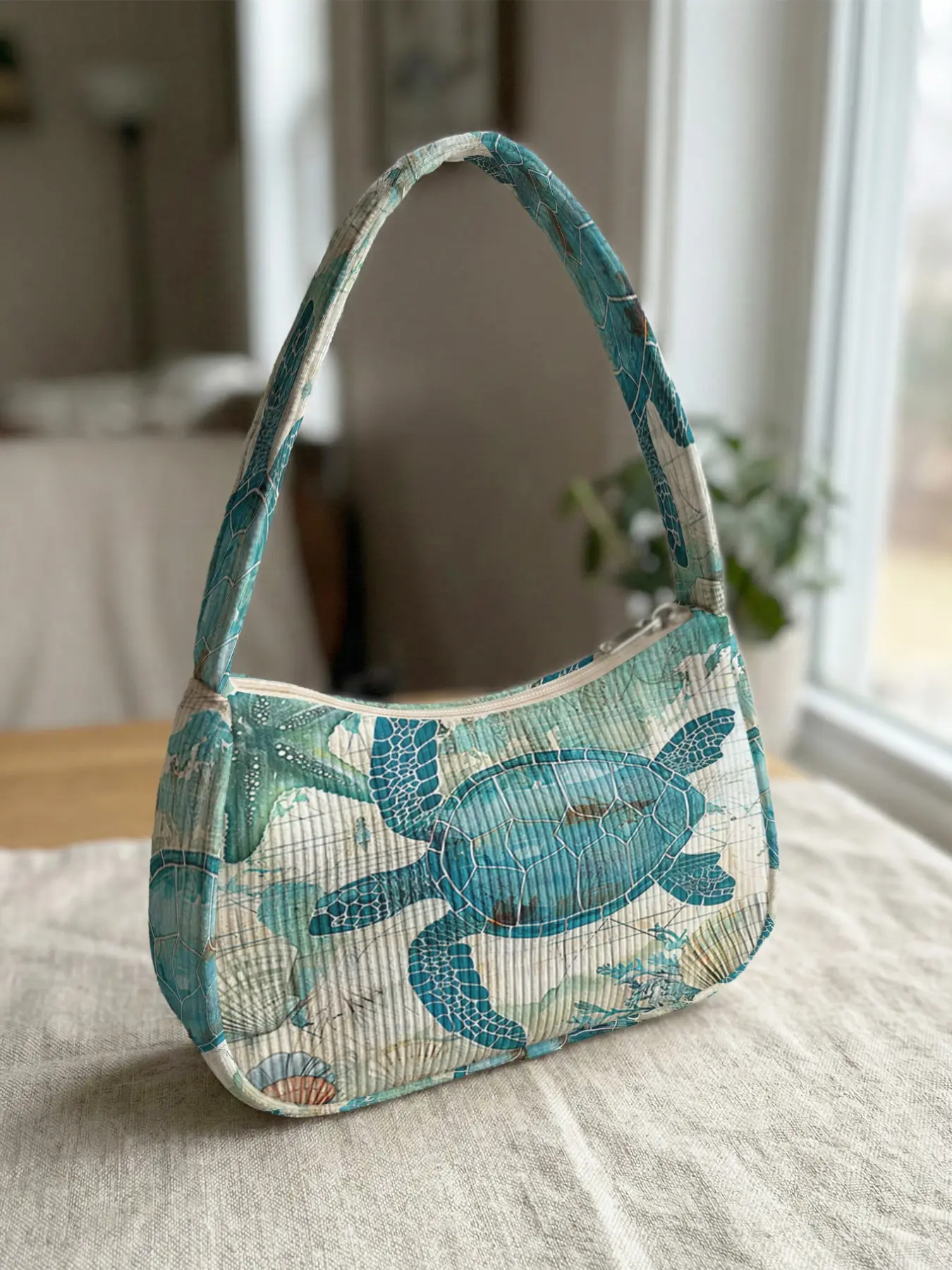 1 piece of turtle ocean pattern 2D printed corduroy shoulder bag, retro style|Daily commute/dating shopping/traveling all-purpose match|Beauty and practicality are both online, taste on the back