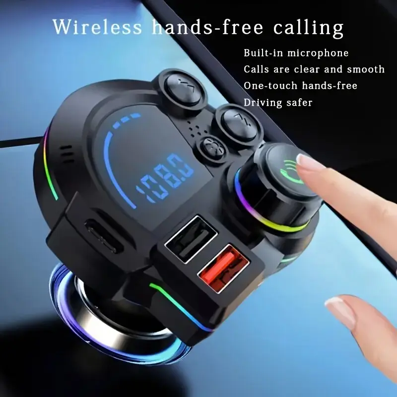 Type-C car charger and Bluetooth transmitter, wireless MP3 player with dual USB ports, bass enhancer, RGB illuminated radio adapter, hands-free calling, car accessories and essential road travel supplies, compatible with 12V-24V
