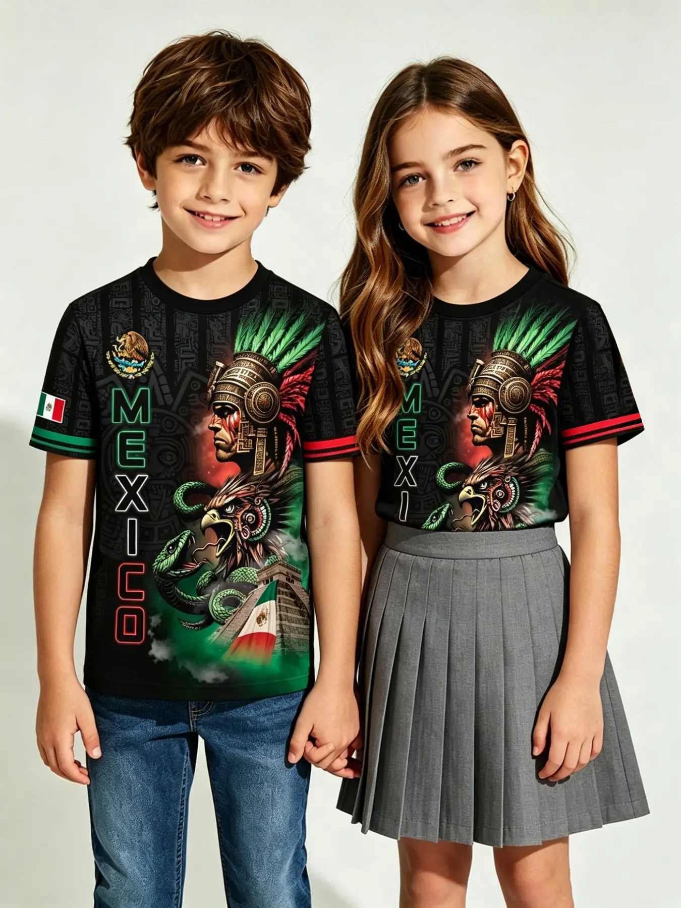 Aztec Eagle Snake Totem Boys' Quick-Dry Short Sleeve Graphic Printed Tee, Printed T Shirt, Mexican Flag Ethnic Style, Deep Base, Casual Long Sleeve Top