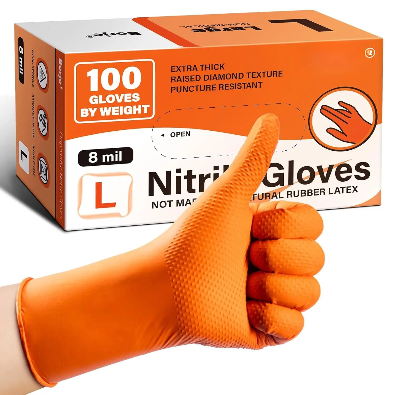 Orange 8 Mil  Disposable Gloves, Heavy-Duty Mechanic Gloves, 100 Count, Large, Latex &  Free with Raised  Texture, Industrial, Automotive, Gardening
