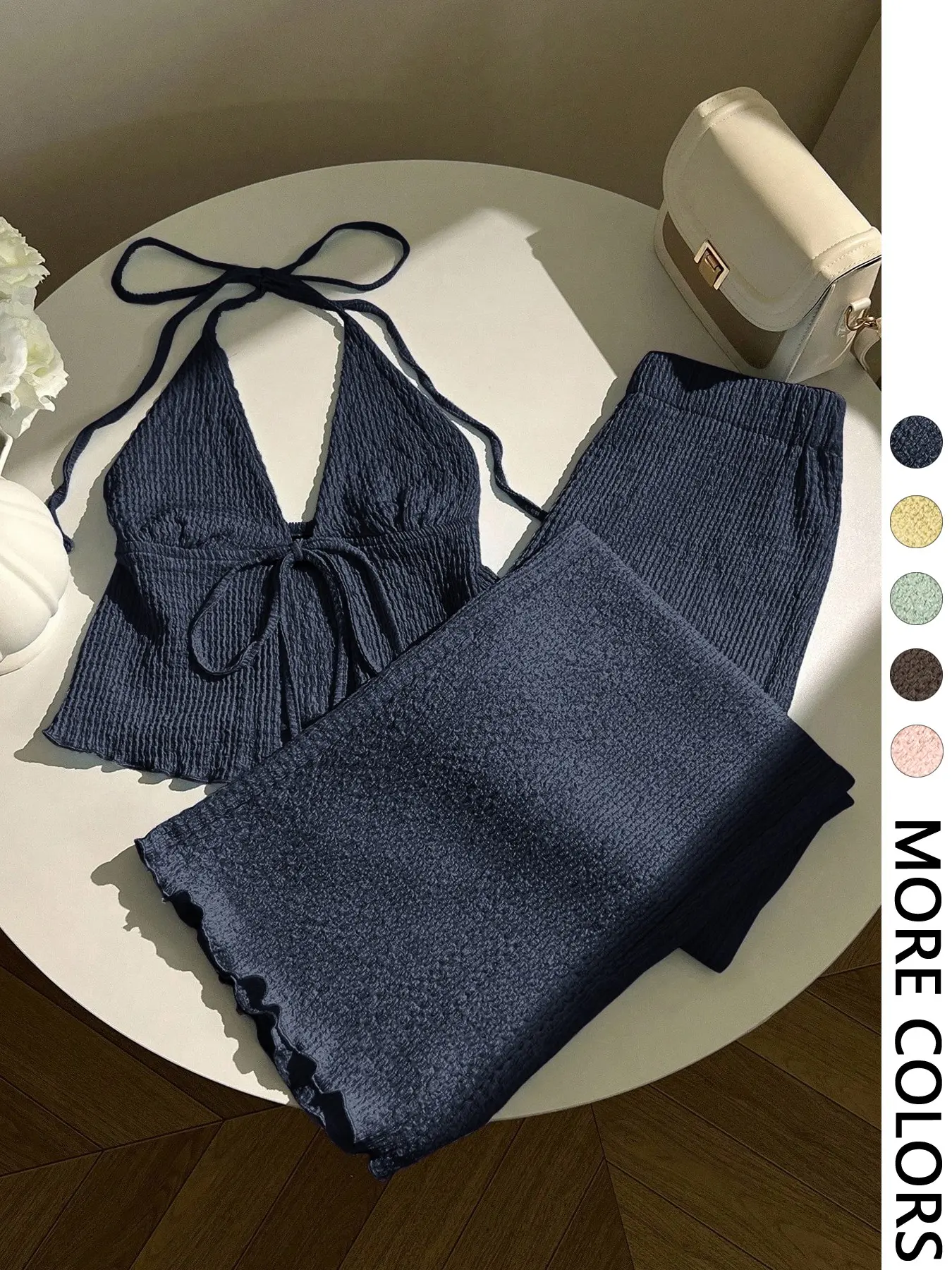 Women's Textured Halter Top & Wide Leg Pants Co-ord Set, Deep V Neck, Front Tie Detail, Elastic Waist, Ruffled Hem, High Stretch Crinkle Knit Fabric, Daily Casual Vacation Beach Date Wear Clothes