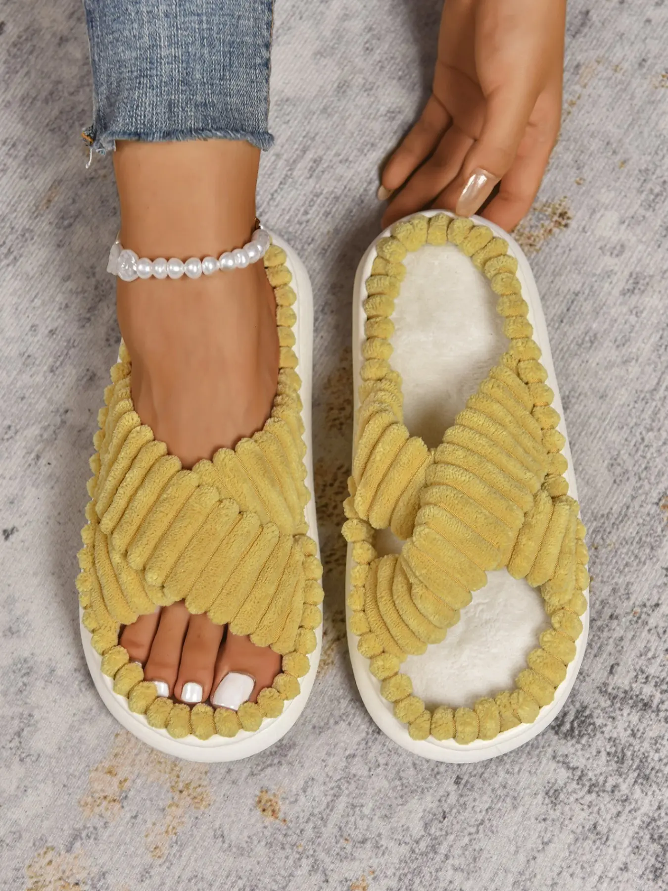 Women's Large Size Minimalist Plush Home Slippers, Open-Toe Slide Bedroom Sandals, Casual Soft Rubber Sole Slippers, Warm Fuzzy Walking Shoes, Indoor Warm Slippers, Soft Fluffy Footwear, Fuzzy House Shoes