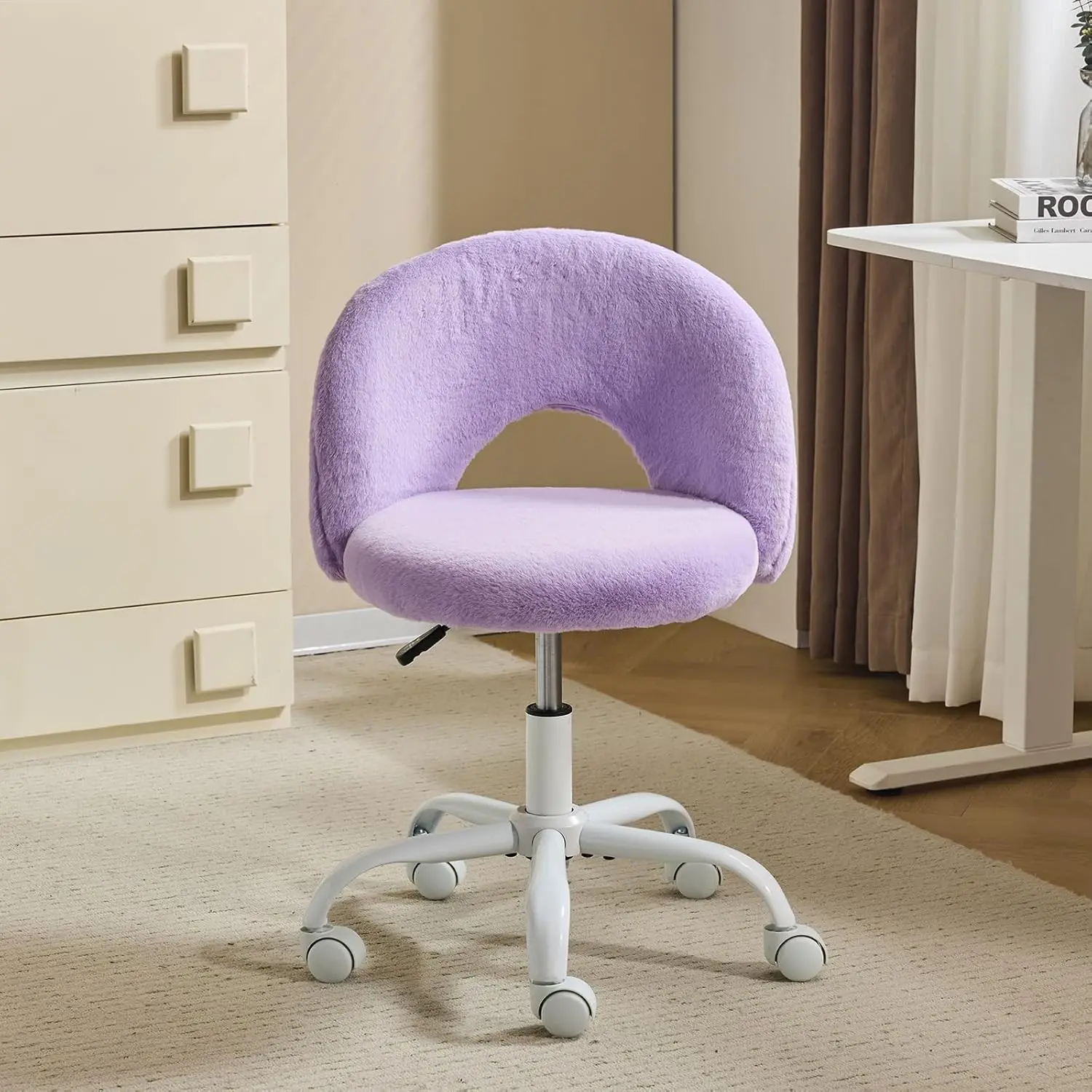 Small Vanity Chair with Faux Fur Wheels for Girls,Cute Adjustable Height Armless Office Desk Chair,360°Swivel Comfy Rolling for Study,Make up Room,Small Space,Purple