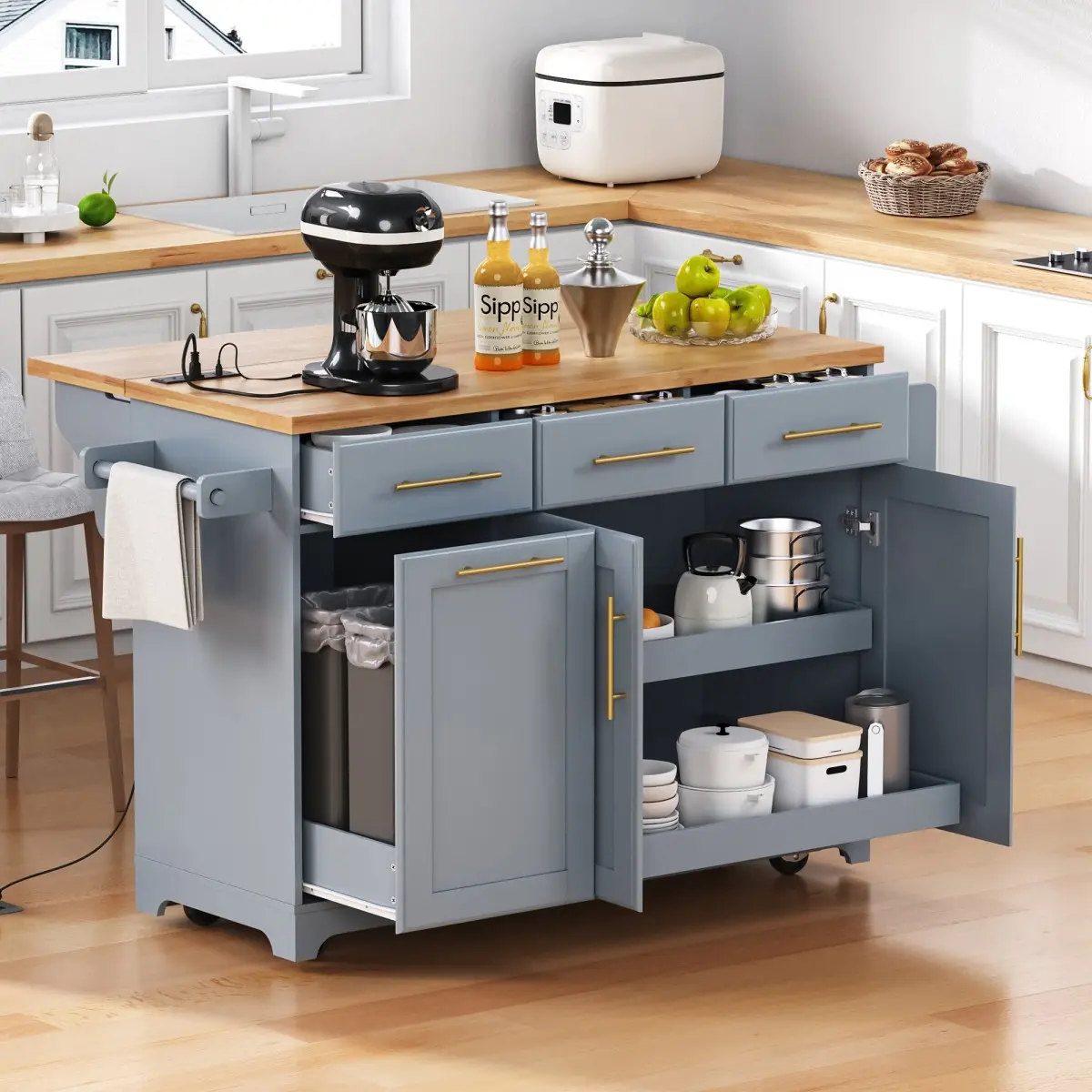 K&K 59.3" Kitchen Island with 2 Pull Out Cabinet Organizers & Rubber Wood Drop Leaf, Rolling Kitchen Island with Trash Can Storage, Power Outlet, Spice & Towel Rack for Kitchen, Dining, Grey Blue   WL