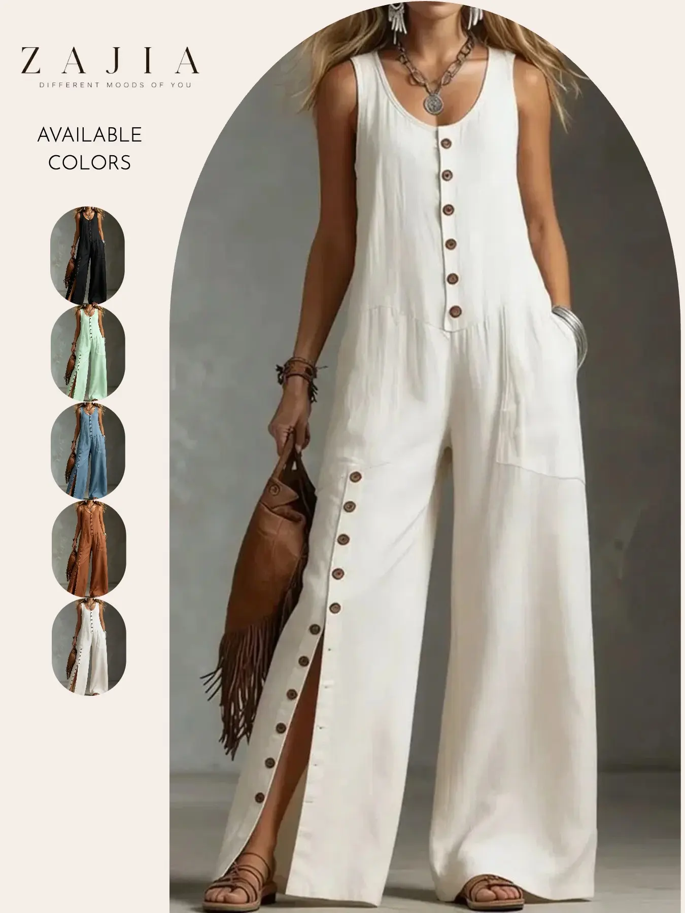 Women's Sleeveless Button Front Wide Leg Oversized Jumpsuit, Bohemian Casual Loose Fit Romper with Pockets, Summer Beach Travel, Linen Look