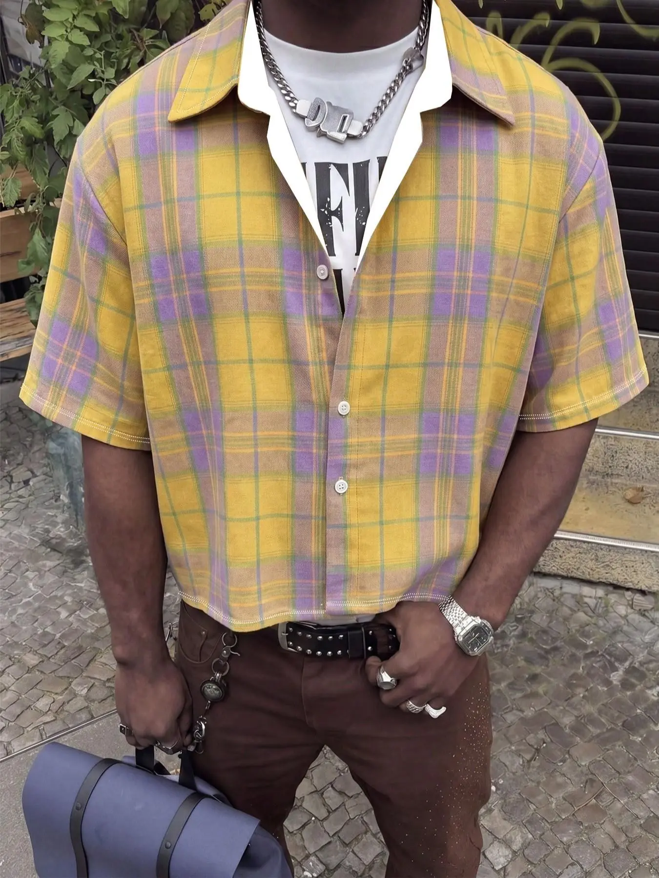 Y2K Yellow Plaid Button Up Shirt American Vintage Drop Shoulder Boxy Short Sleeve Blouse Wrinkle Resistant Draped Loose Fit Casual Checkered Shirt for Tropical Summer Resort Daily Outfit