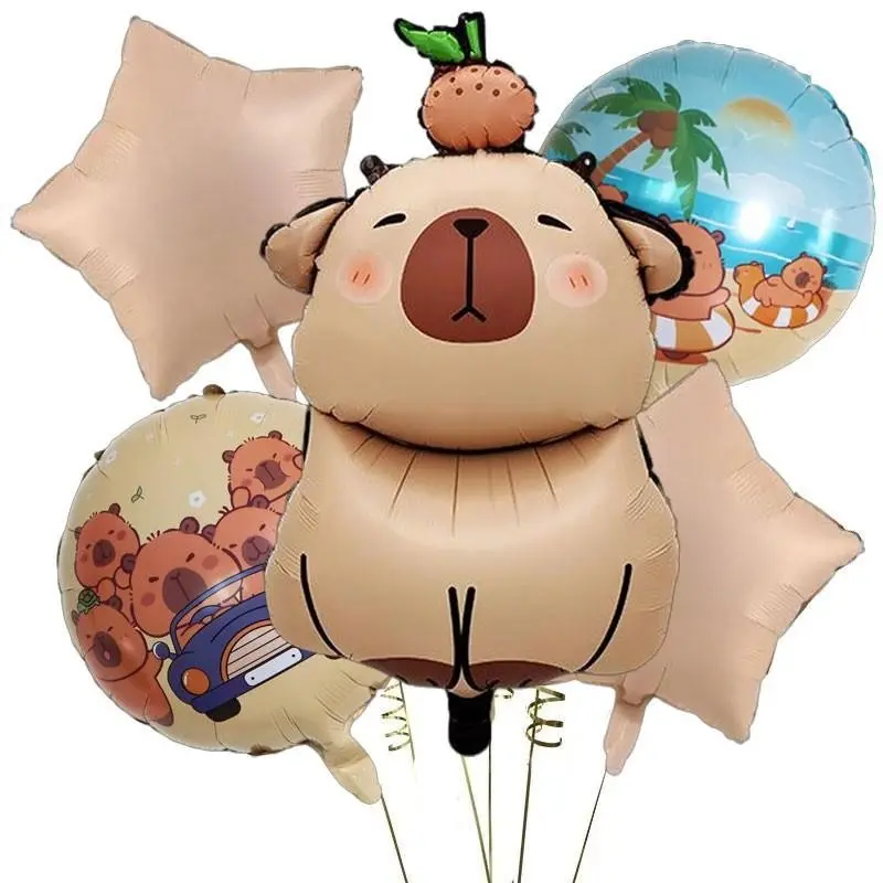 7-Piece Capybara Alumina Animal Balloons Set, Balloon Decorations Kit, Includes Hat, Turtle Back, Cake Design, Star & Print Balls, Ideal for Parties & Decorations