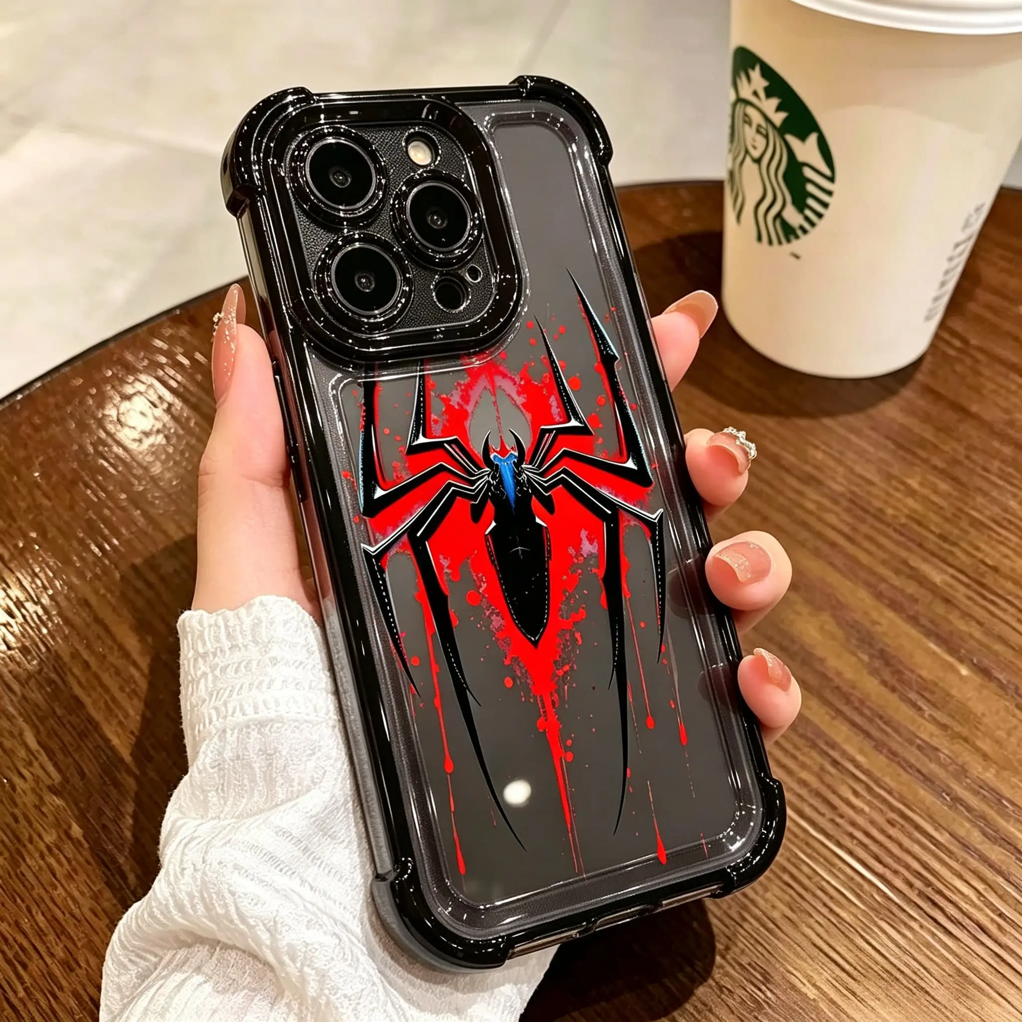 Dark Gothic-style phone case featuring a red spider-venom and blood-splatter design; blends a decadent dripping aesthetic with spider-hero graphics—compatible with iPhone 12, 13, 14, 15, and 16 Pro Max series models.