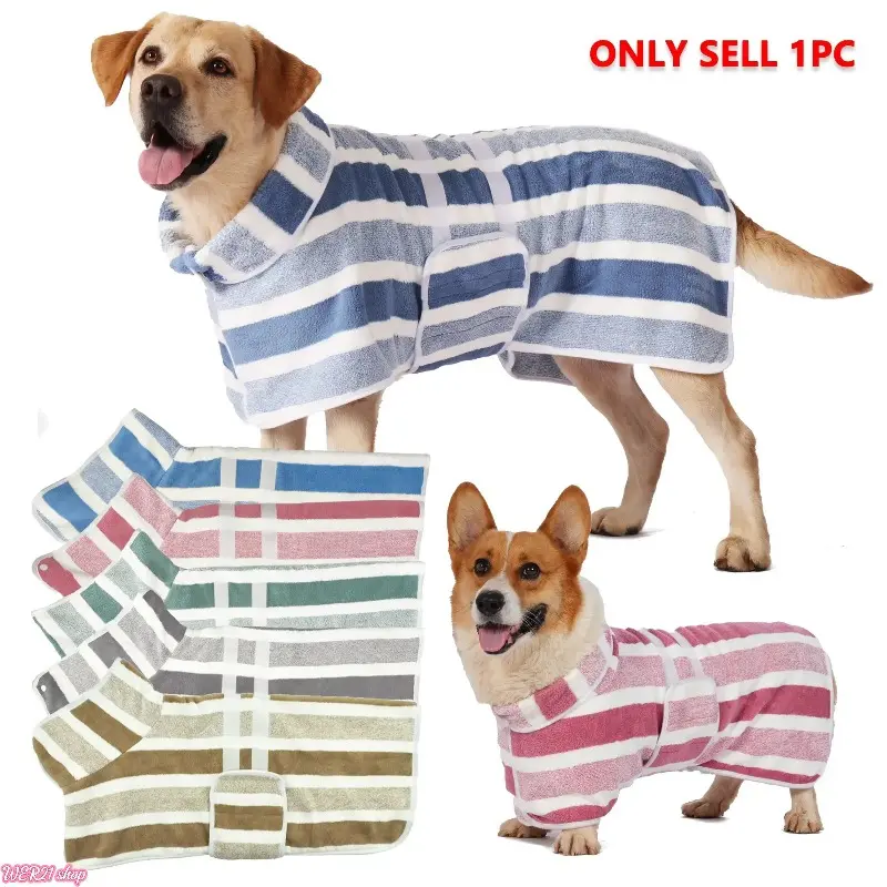 [SummerWins] 1pc Quick-Dry Striped Pet Bathrobe, Ultra-Soft Super Absorbent Grooming Robe for Dogs, Adjustable Waistband Morning Wear, Ultra-Soft Fabric