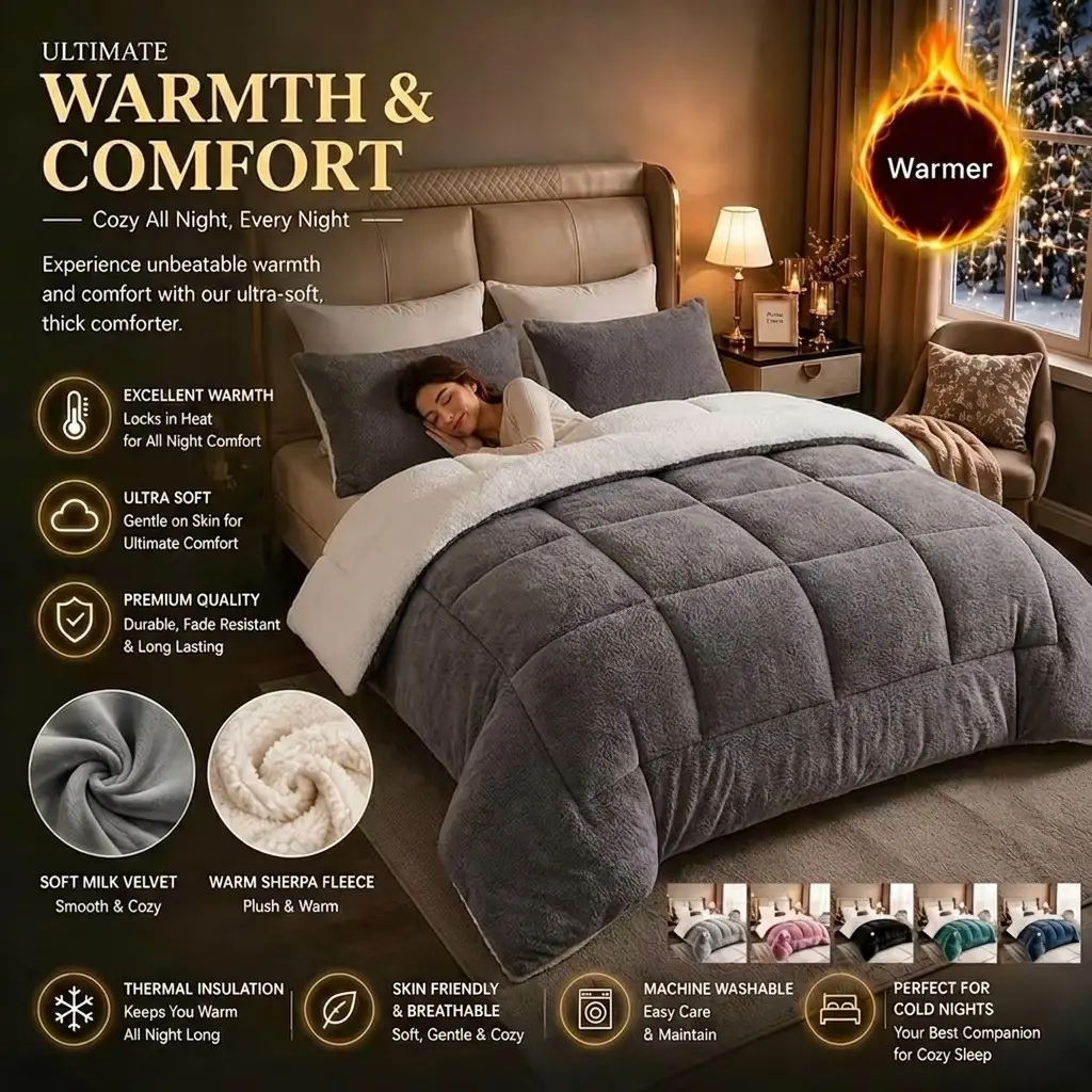 1pc Heavyweight Winter Comforter - Thickened Soft Plush quilt/duvet, Milk plush texture, Machine Washable Quilted Polyester Winter Bedding, Cozy Comfy Bedding, Available in Blue, Gray - Ideal for Cold Weather, Luxury Bedding & Rustic Style Decor