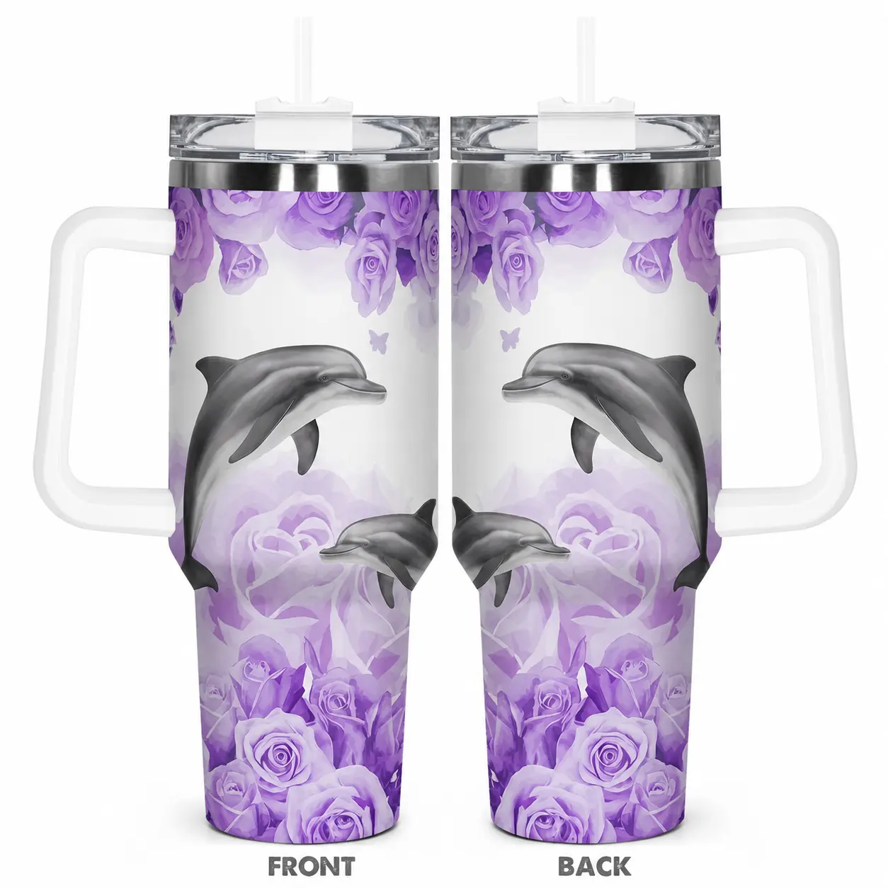 40oz Stainless Steel Insulated Tumbler with Handle and Straw - Dolphin & Purple Rose Floral Marine Life Print, Reusable Vacuum Flask for Iced Tea, Coffee, Women's Gift