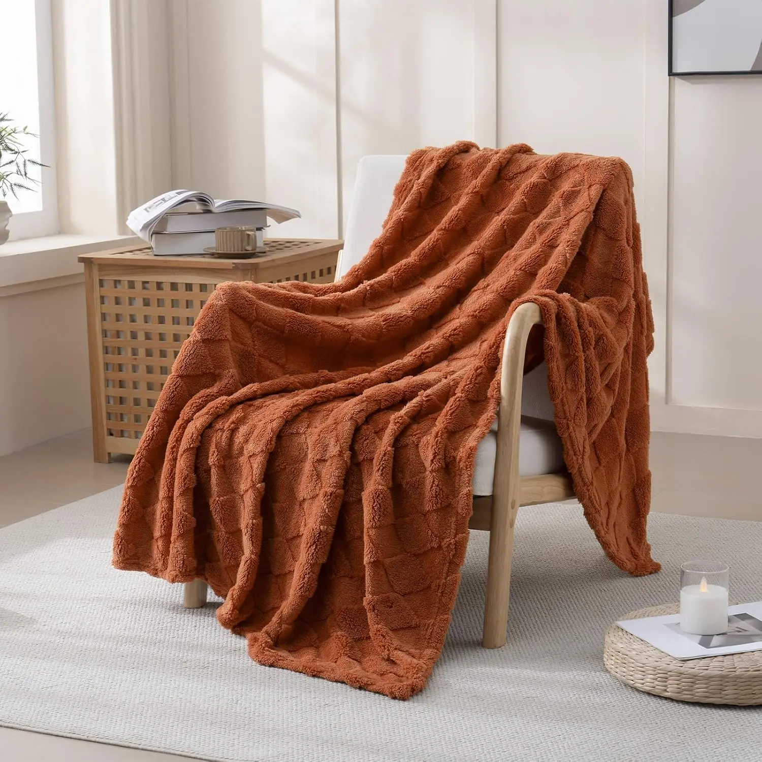 Burnt Orange Checkered Microfiber Flannel Fleece Throw Blanket for Couch, 50”x60” Lightweight Plush Comfy Fluffy Blanket, Christmas/Father’s Day Gift for Female Mom