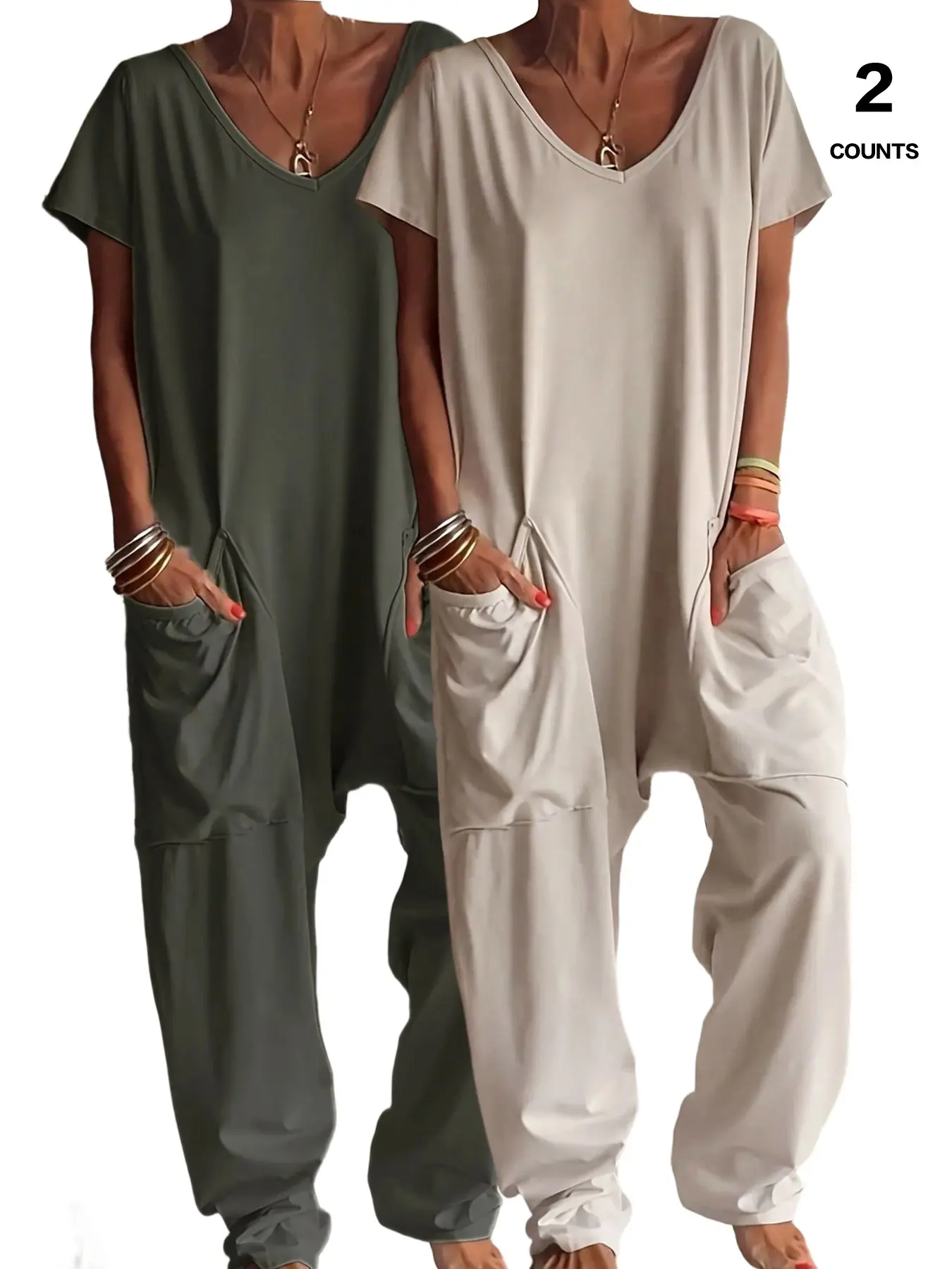 2026 Women's Casual Oversized Jumpsuit, Short-Sleeve Batwing V-Neck Harem Pants With pockets, Loose Fit Wide Leg, Perfect for All Seasons, Stylish & Comfortable，Suitable for Daily Home Wear and Fashionable for Outings