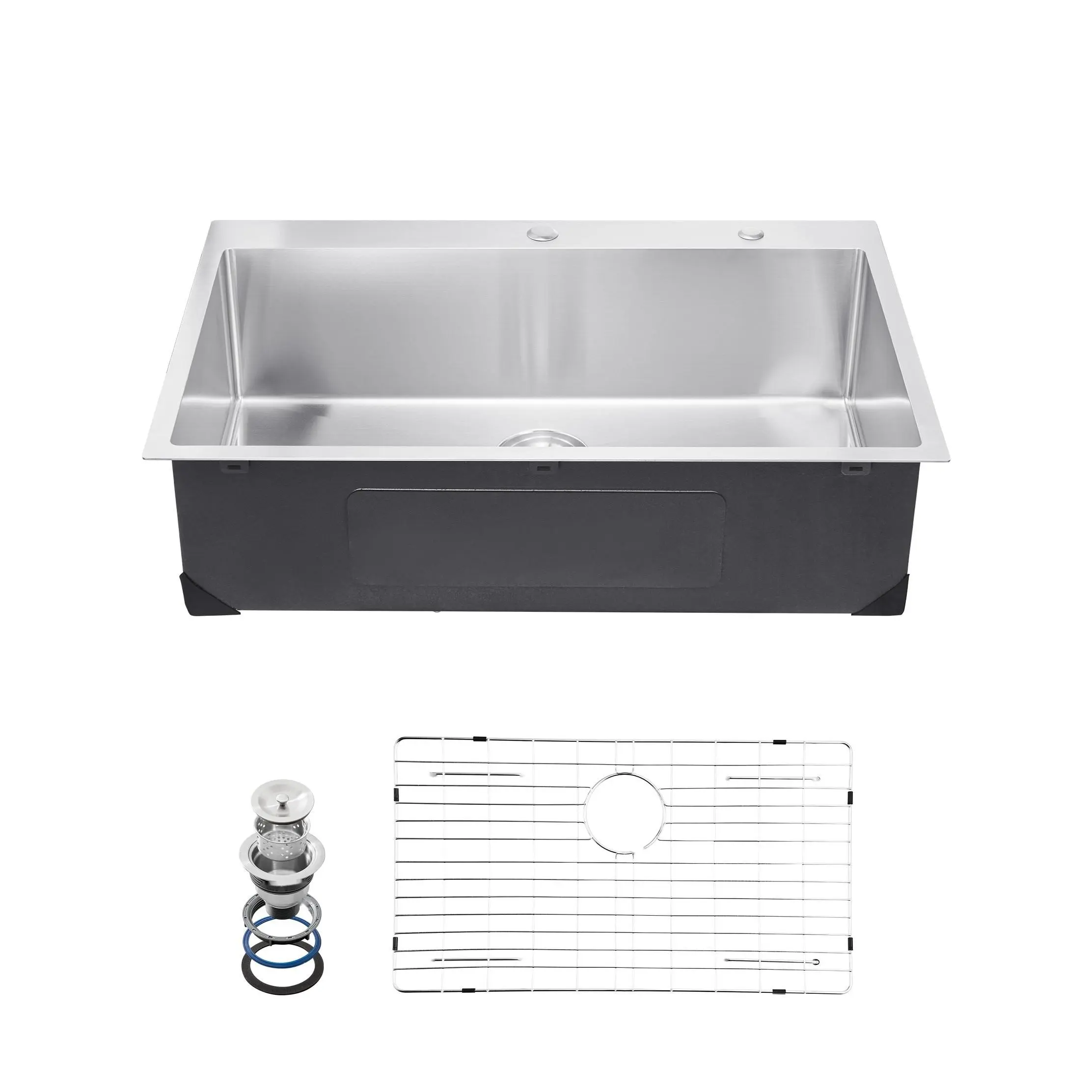 33" Wide Modern Stainless Steel Drop-In Kitchen Sink, Top-Mount Single Bowl Basin, Brushed Finish, Heavy-Duty, Rust-Resistant, Scratch-Resistant, Insulated, Quick Drain, Easy Installation, Ideal For Residential Use