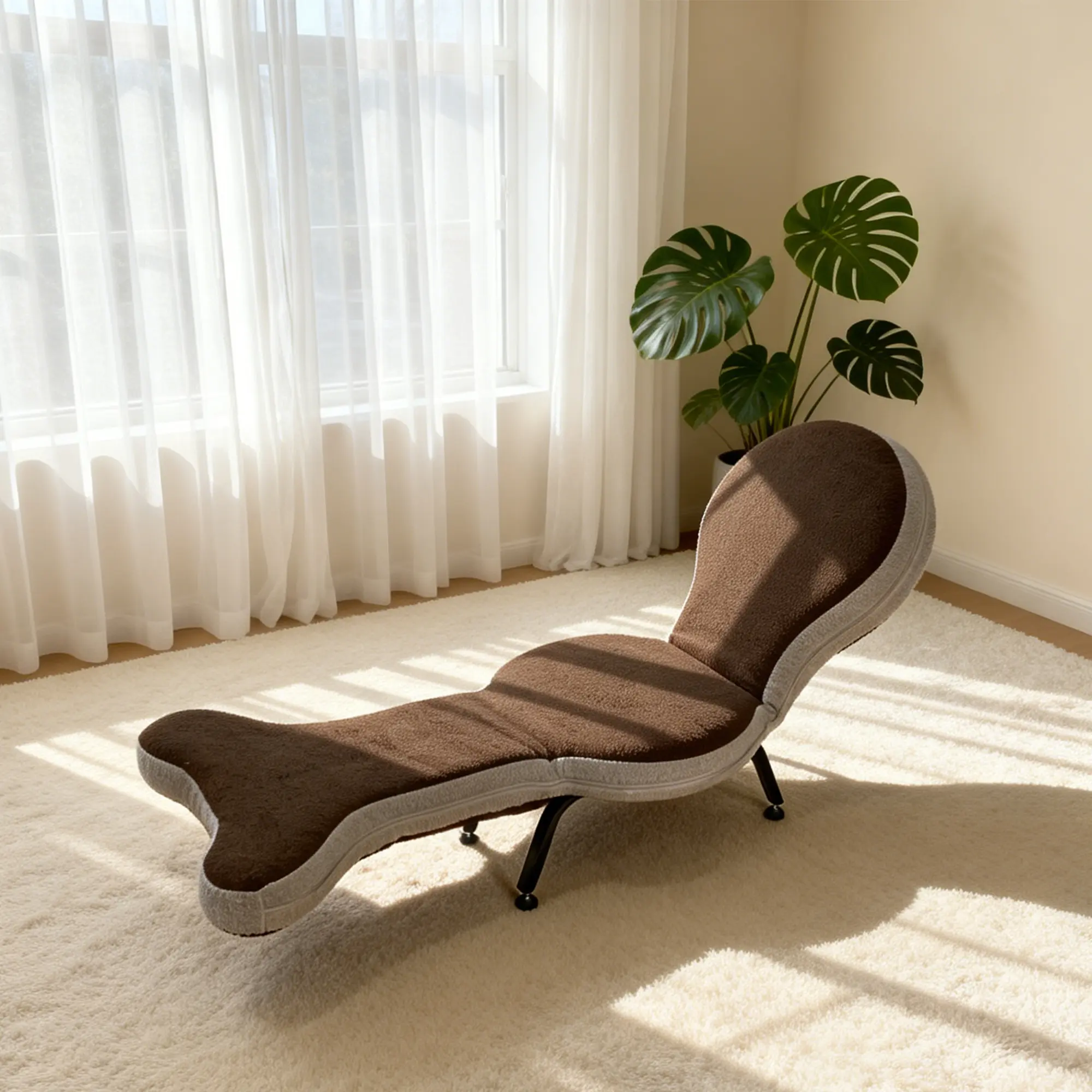 ARCH Single Person Foldable Lazy Recliner Chair, Teddy Velvet Fabric, Metal Frame, Adjustable Backrest & Adjustable Legs, Ergonomic Lounge Seat for Living Room Bedroom, Brown Grey, 21.7x68.9x34.3"