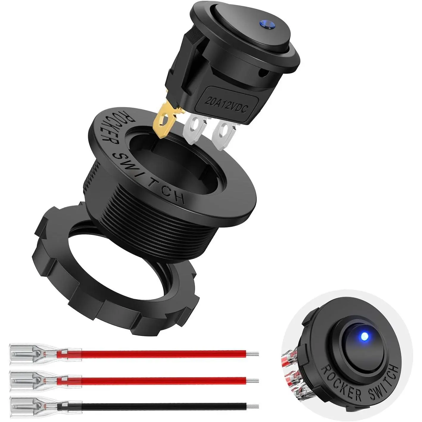 Nilight 1PC Round Shell Power Switch with 12V-24V 20A Blue LED, SPST 3-Pin 2-Position Toggle Switch with 16AWG Wires for Cars, Trucks, Boats, Marines, On-Off Control