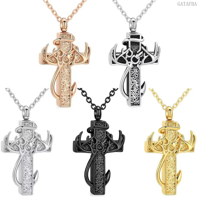 Vintage Antique Silver Stainless Steel Cremation Urn Necklace, Deer Antler Fish Hook Cross Pendant With Black Texture, Memorial Keepsake Jewelry For Men & Women