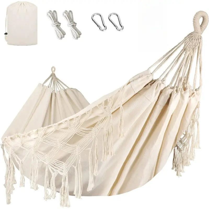Portable Knitted Double Hammock with Fishtail Weaving & Tassels, 500 LBS High Load Capacity Camping Hammock, Beige Outdoor Hammock for Camping, Patio, Balcony, Backyard & Beach