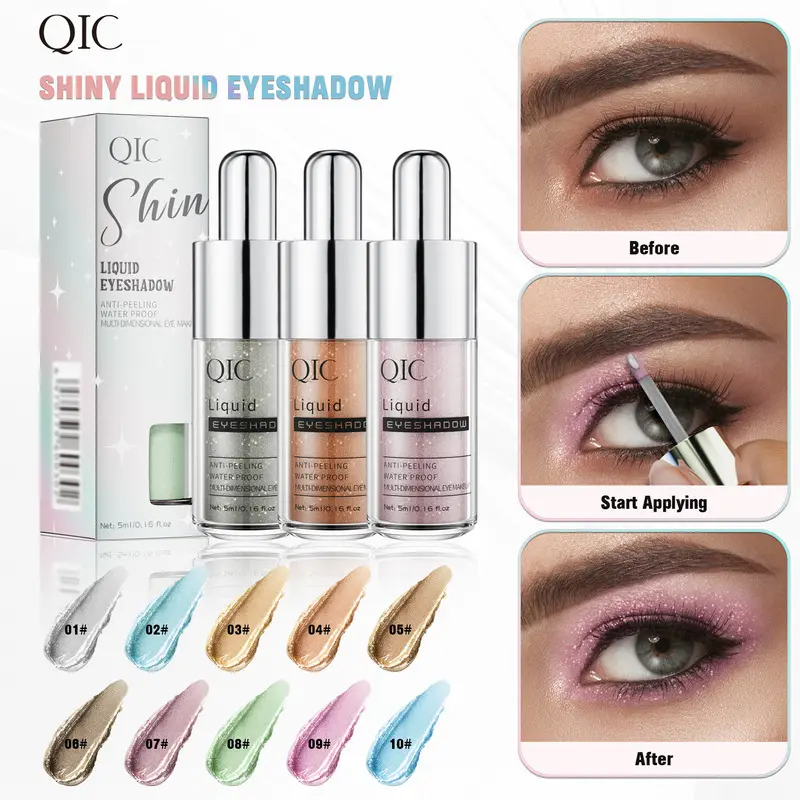 QIC 10-Color Shimmer Liquid Eyeshadow, Sparkling Pearlescent Eye Liquid for Stage Performance & Holiday Makeup, Long-Lasting Single Pan Glitter Eye Shadow with Brush Applicator