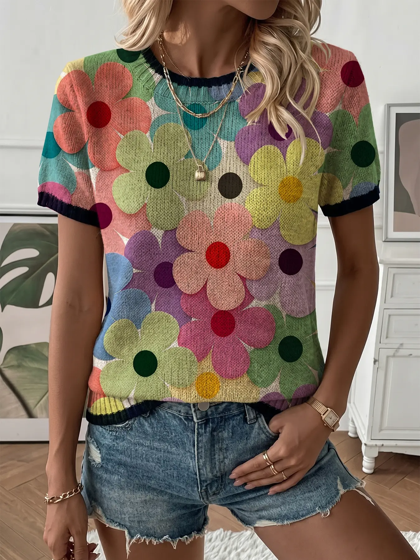 Elegant Women's Floral Print Round Neck Oversized Sweater, Casual Lightweight Short Sleeve Knit Top, Breathable Fashion for All Seasons, Chic Layered Design, Summer Lightweight Knitwear, Knitwear, Knitting