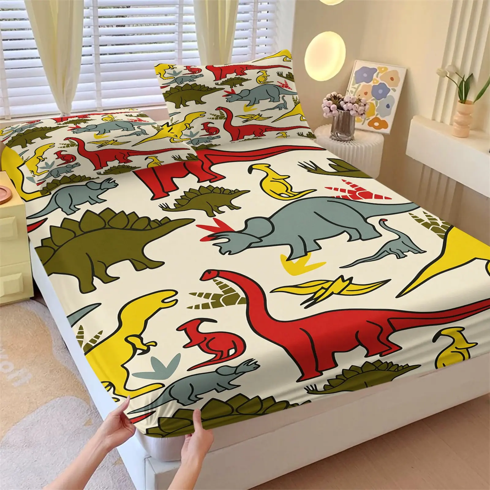 3-Piece Cartoon Dinosaur Print Fitted Sheet Set,1 Fitted Sheet+2 Pillowcases,Soft Breathable Skin-Friendly Fabric,Deep Pocket Non Slip Mattress Cover,Kids Animal Bedding,Twin Boys Bedding Set,Ideal for Boys Bedroom & Birthday Gift