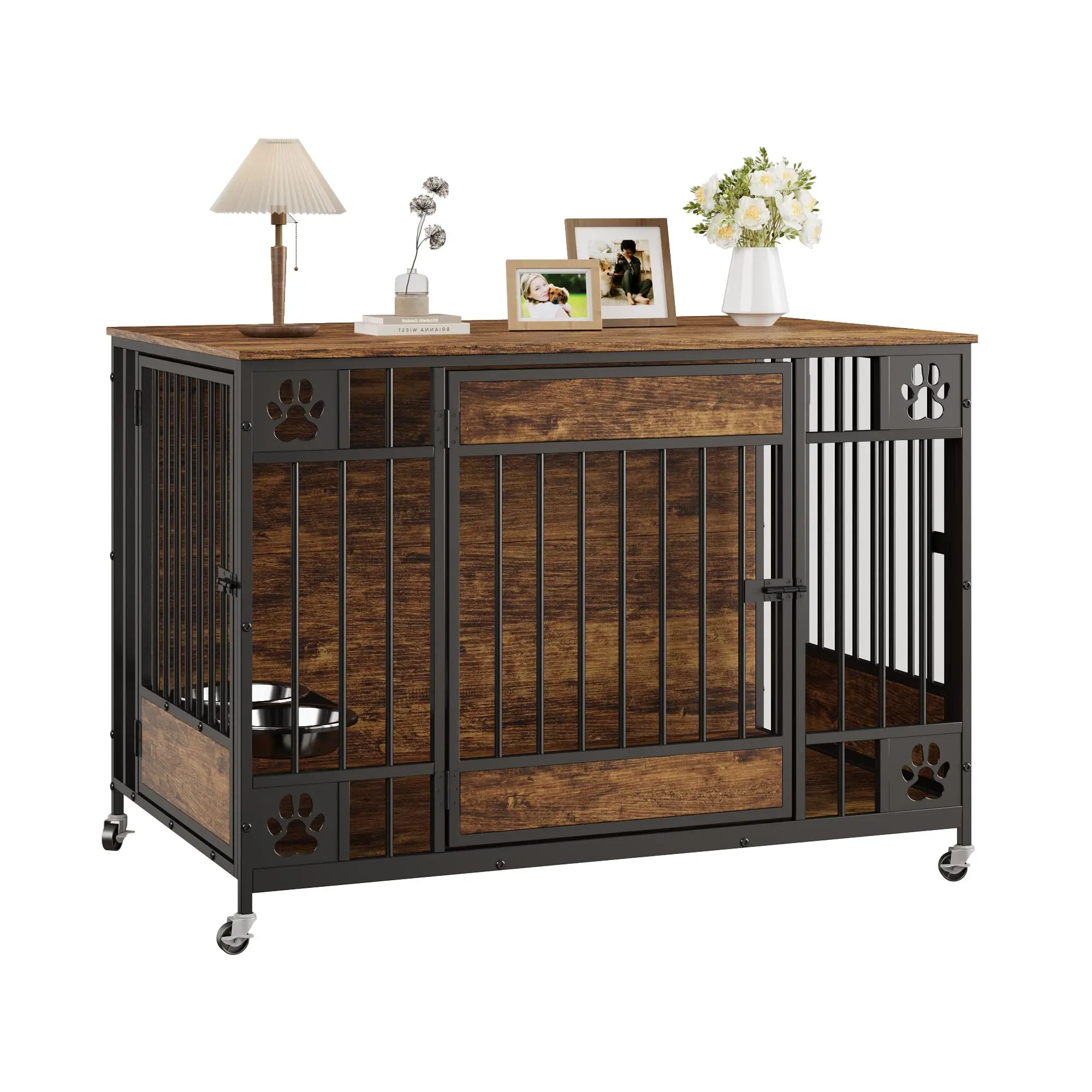 Triple Door Dog Crate Furniture – Decorative Wooden Kennel for Medium & Small Dogs – Stylish Indoor Pet Cage