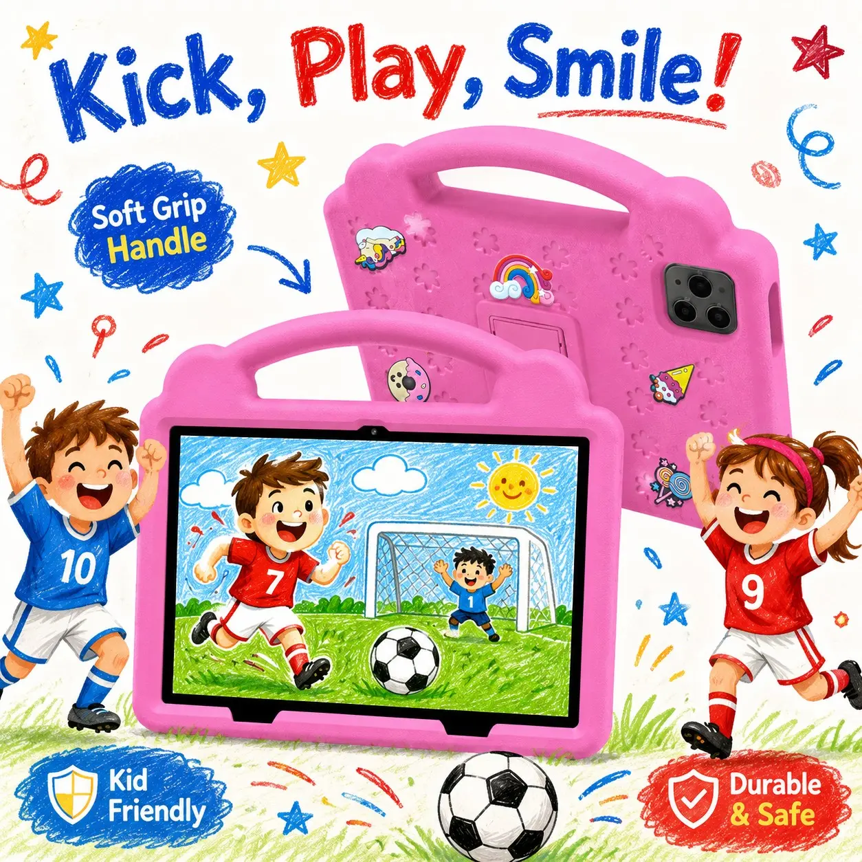 10.1 Inch Kids Tablet, 4GB RAM 64GB ROM, Android 12, Dual Camera, Kid-Proof Case with Handle, WiFi Learning Tablet for Toddlers