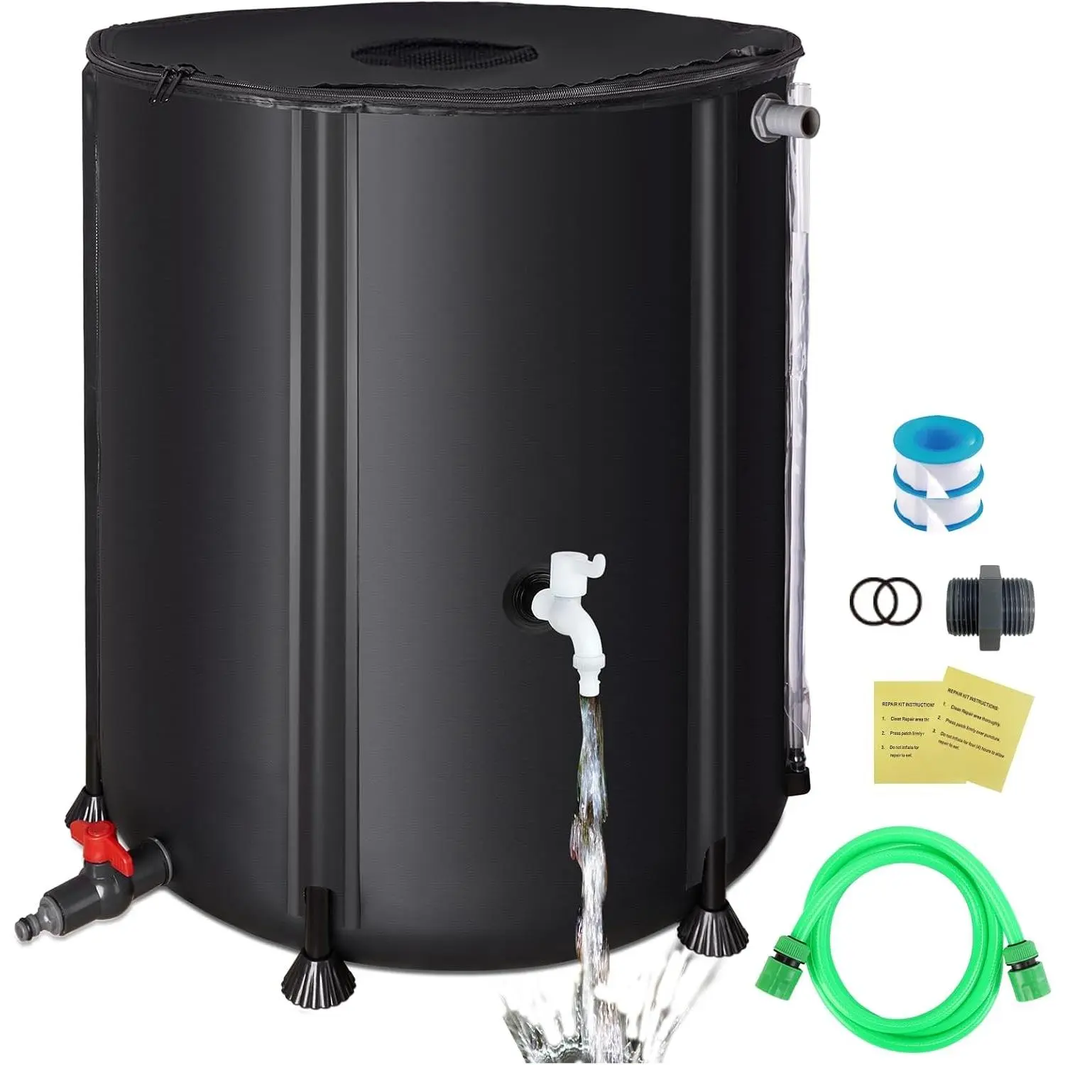 Collapsible Rain Barrel with Spigots & Overflow Kit, 53 Gallon, Black | Triple-layer PVC rain barrel with fiberglass rods, filter screen, hose and sealing kit for garden irrigation and emergencies
