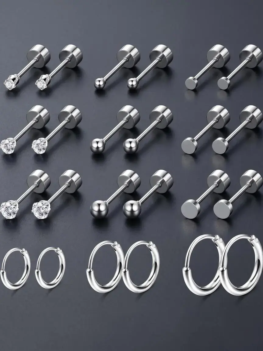Stainless Steel Earrings, Earring Pack, Hoop & Stud Earrings, Hypoallergenic Daily Hoops, Fashion Jewelry for Party, Hypoallergenic Stainless Steel Piercing Jewelry for Birthday Gift, Earring Stacking Sets