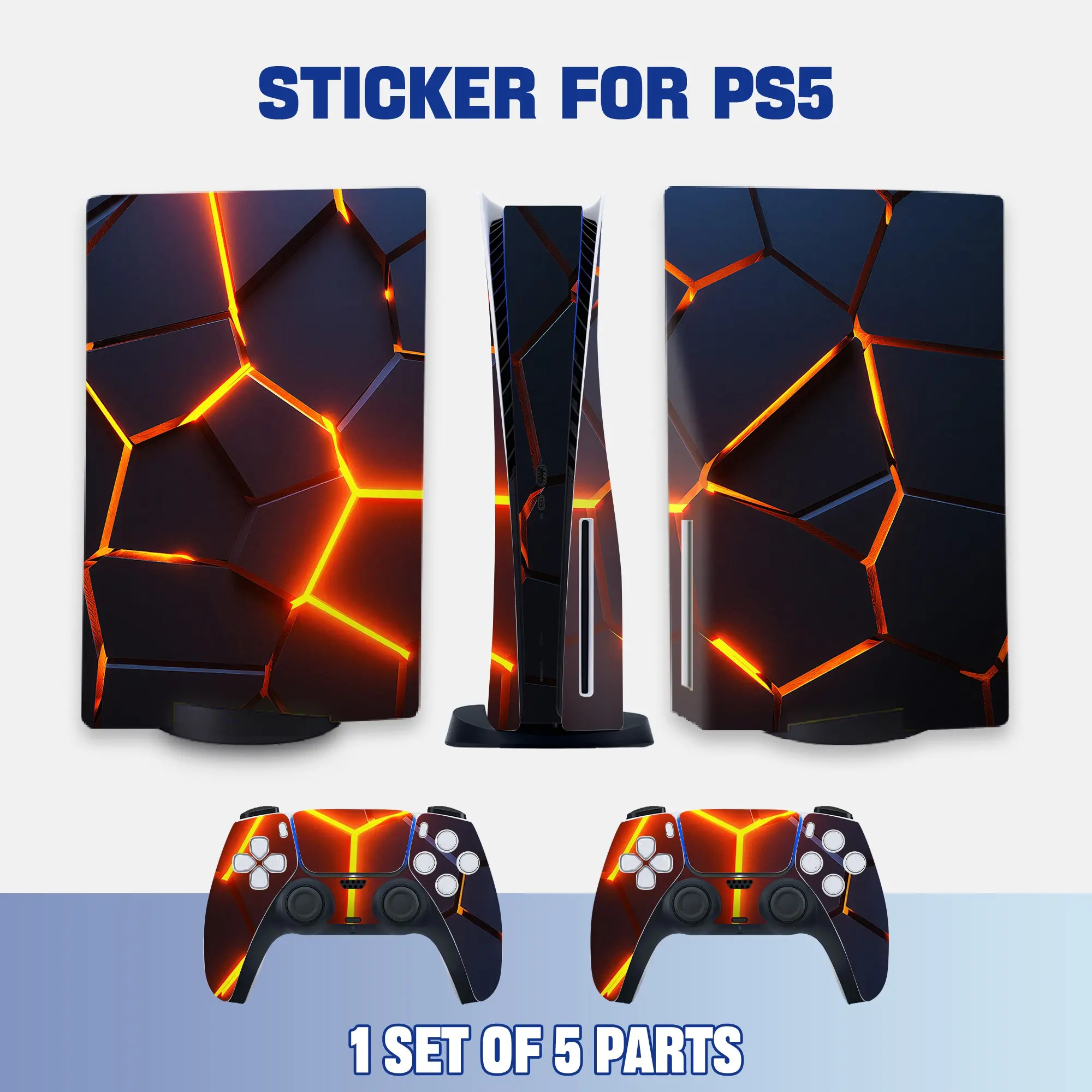 Orange Glow Geometric Faceted Style PS5 Disc Edition Vinyl Skin Sticker for Console & Controllers, Waterproof, Scratch-Resistant, Dustproof, Removable & No Residue