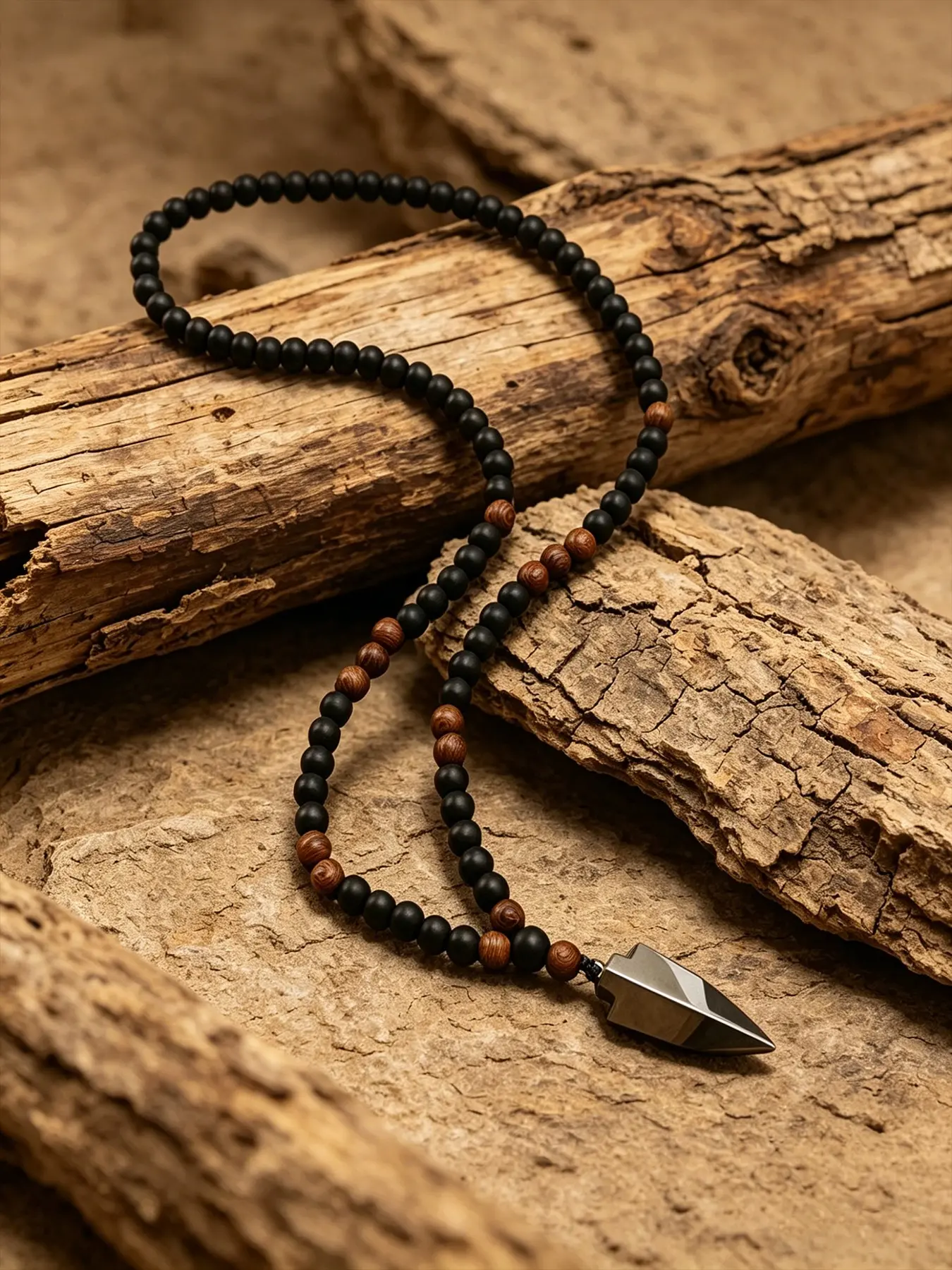 1pc 8mm Matte Finish Earthly Aesthetic Black Imitation Agate Round Bead Wood Bead Hematite Arrow Pendant Necklace, Unisex Daily Wear Jewelry, Perfect Gift for Men and Women