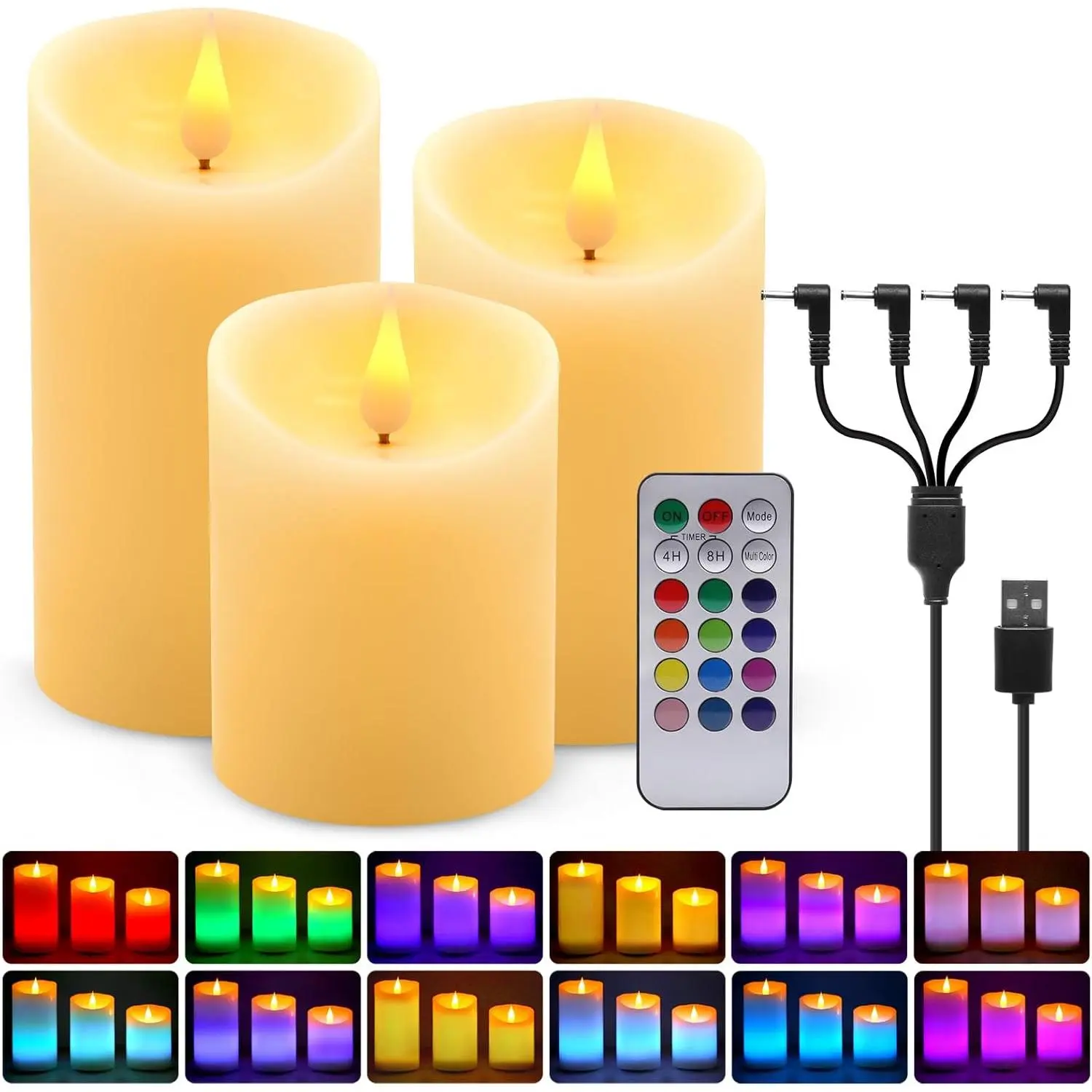 Rechargeable Candles Flickering with Remote,Flameless Candles -in Rechargeable ,RGB&Warm White Real Wax LED Candles for  Decoration,Christmas,Party