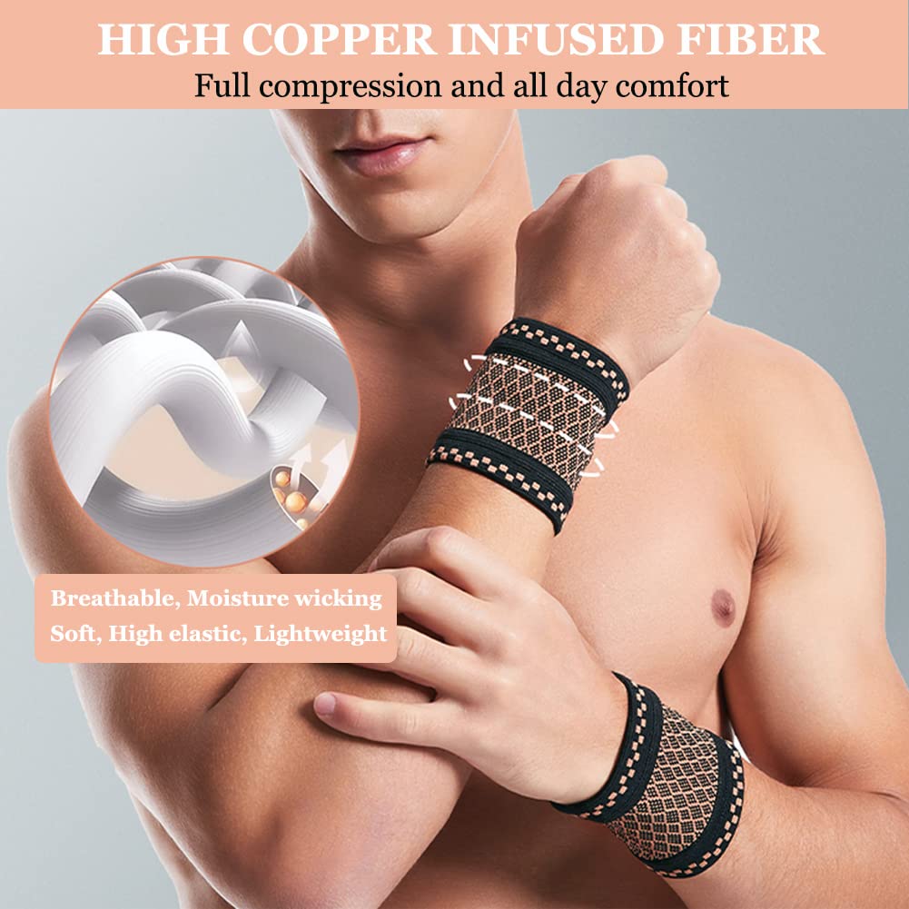 Copper Wrist Compression Brace (2Pcs), Elastic Wrist Support Sleeve Wrist Braces For Tendonitis, Arthritis, Carpal Tunnel Pain Relief, Soft Wrist Wrap Wristbands For Sport, Fitness, Workout, Typing