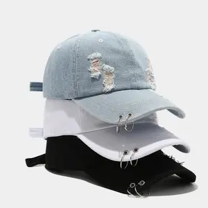 Distressed Denim Baseball Cap For Women Men With Rings Harajuku Kpop Pierced Dad Hat Vintage Ripped Gothic Streetwear Caps