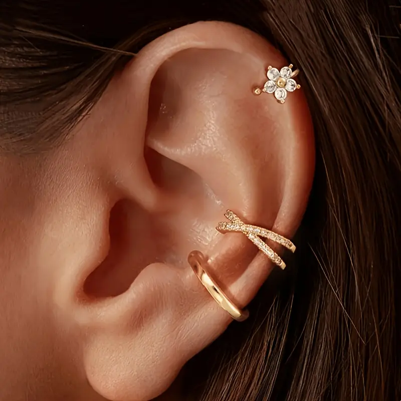 3-Piece Earring Set for Women, Elegant Polished Metal Jewelry with Interlocking Hoops & a Floral Motif Ear Cuff, Stackable for Minimalist Outfits & Event Ready Looks, Female Wear, Polished Copper