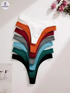7/12/18 Pack Women's Basic Solid Color Comfortable Thong Panties Underwear Set, Casual Style, Moderate-Thickness Fabric, All-Season Wear